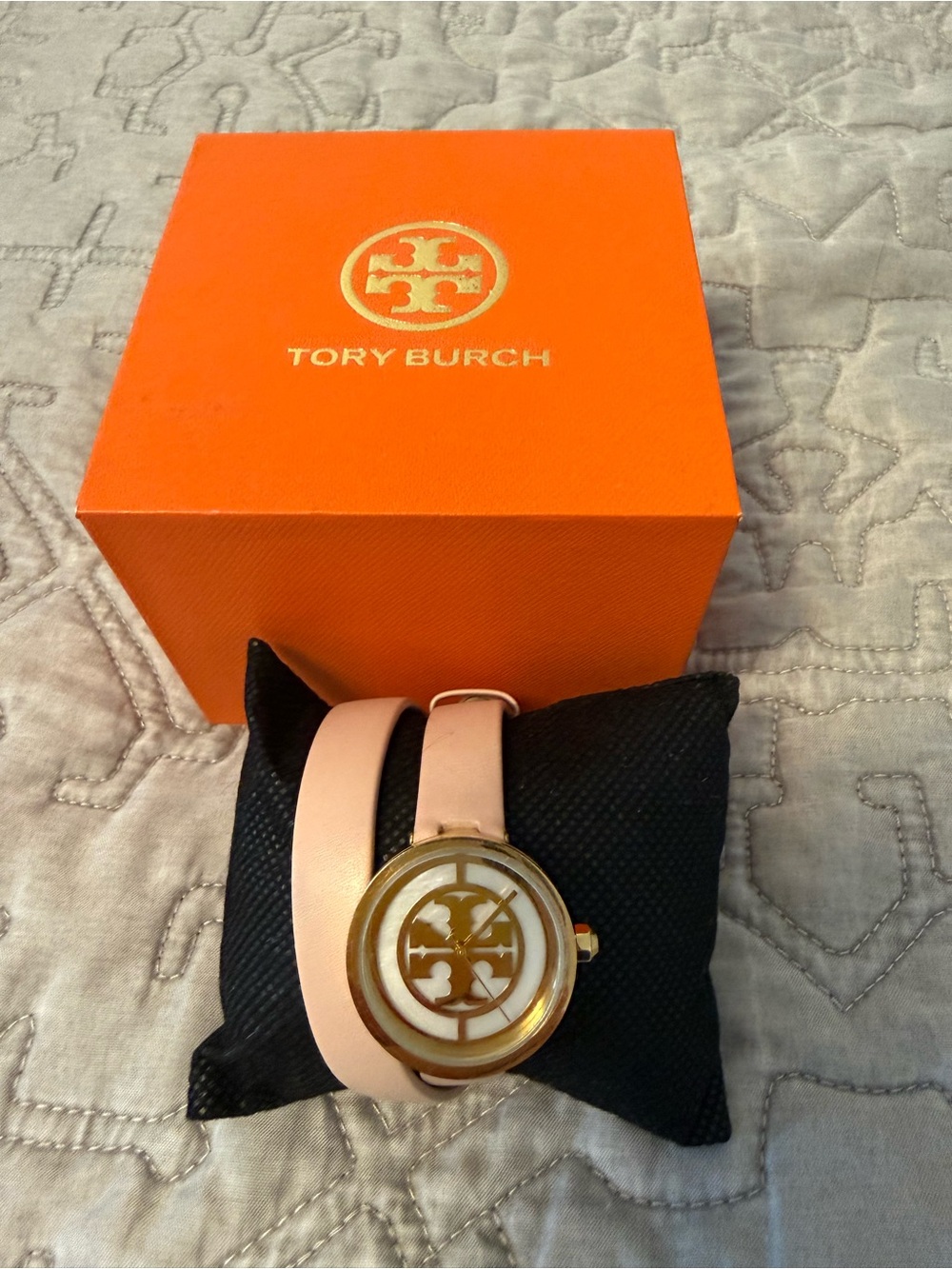 Tory Burch Gold-Tone Watch with Blush Wrap Leather Strap